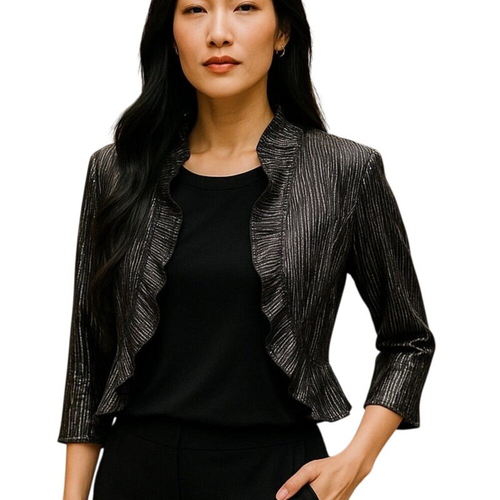CONNECTED Sheer Dressy Black & Silver Ruffle Edge Short Blazer Jacket ~ Small
